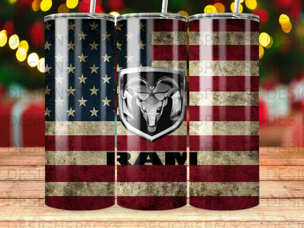 American flag tumbler with RAM truck logo.