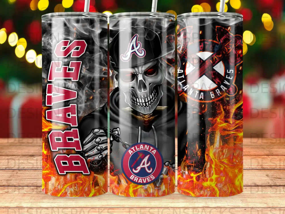Atlanta Braves skull logo on a fiery tumbler with "Braves" text.