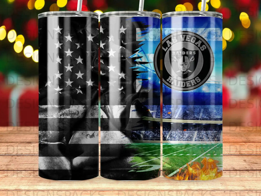 Las Vegas Raiders flag-themed tumbler with stadium and flames.