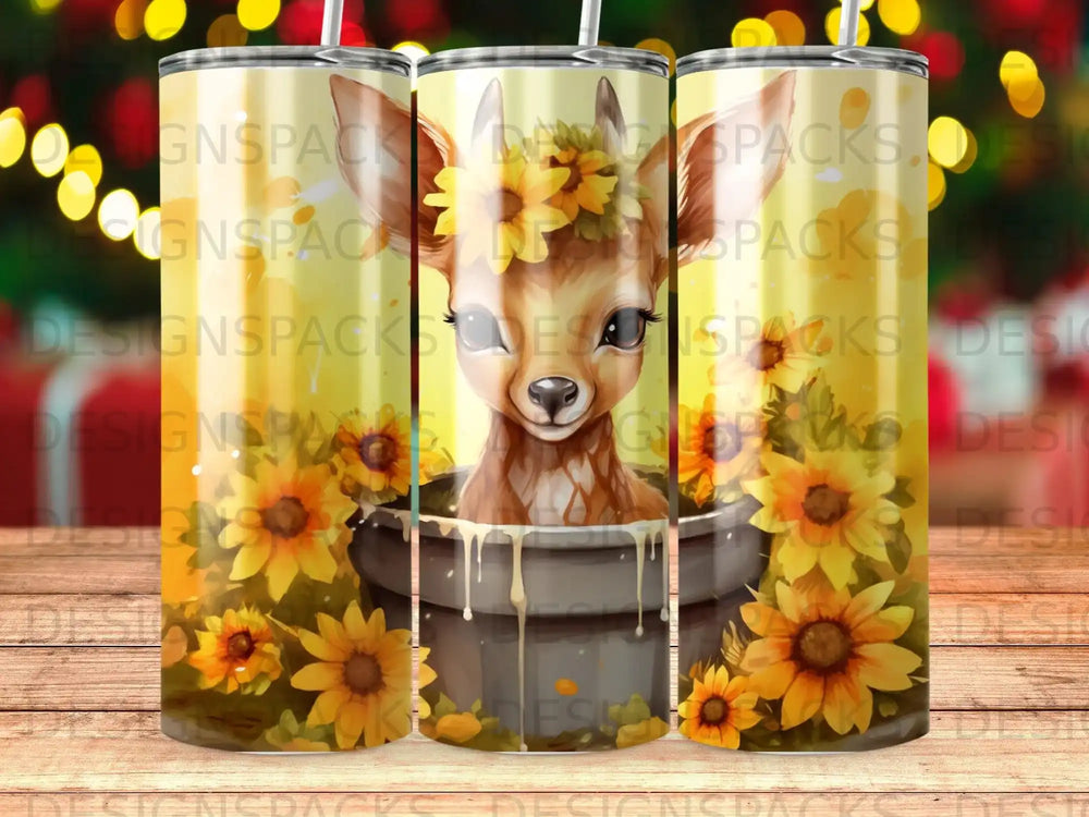 Fawn with sunflowers in a planter, on a tumbler.