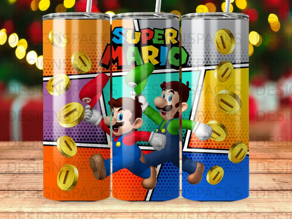 Mario and Luigi jumping with Super Mario game coins and bricks.
