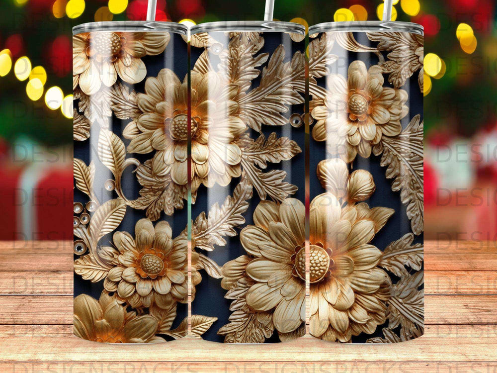 Gold floral pattern on a dark background, wrapping three tumblers.