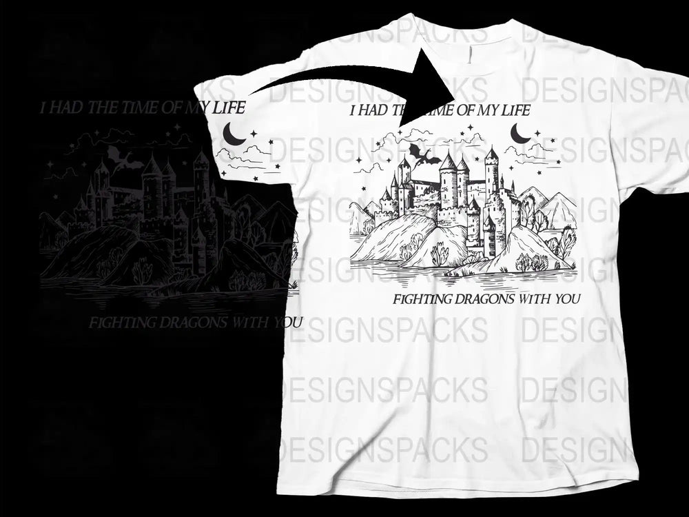Fantasy Castle Dragon T-Shirt, Medieval Gothic Castle Tee, Fighting Dragons, Adventure Graphic Shirt for Men and Women