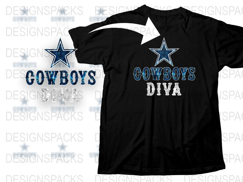 Dallas Cowboys Diva T-Shirt, Rhinestone Star Design, Black Sports Fan Tee, Women's Football Apparel
