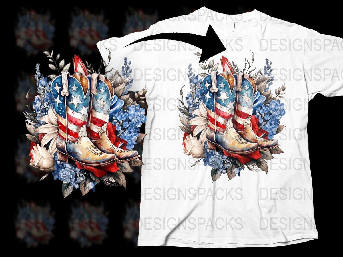 Patriotic Cowboy Boots Floral T-Shirt, American Flag Design, Vintage Western Tee, Unisex Fashion Top