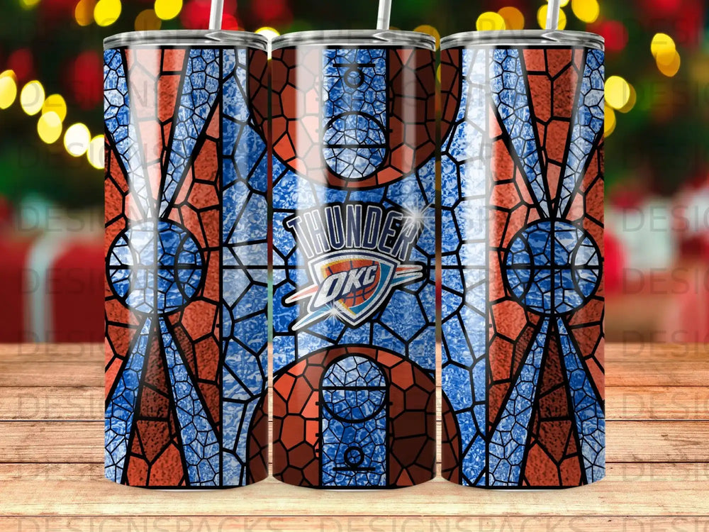 Oklahoma City Thunder basketball team logo on a stained-glass pattern tumbler.