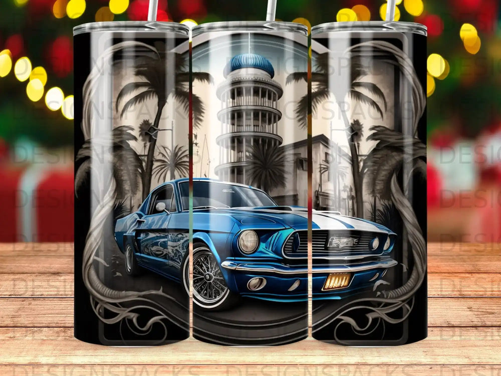 Blue classic muscle car with white racing stripes in front of palm trees.