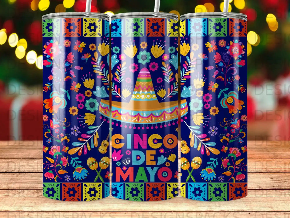 Cinco de Mayo themed tumbler with colorful floral and sombrero design.