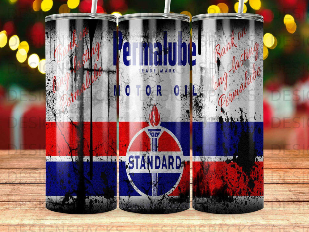Tumbler with vintage Permalube Motor Oil logo and distressed US flag design.