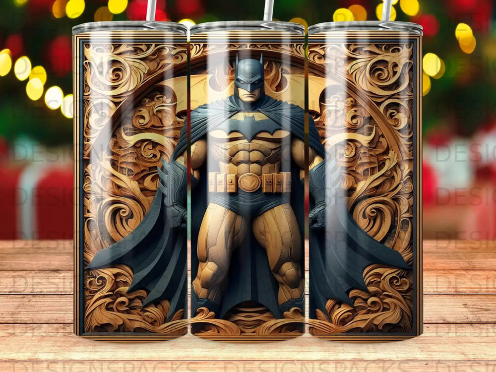 Batman stands center with ornate golden frame, blurred festive lights background.