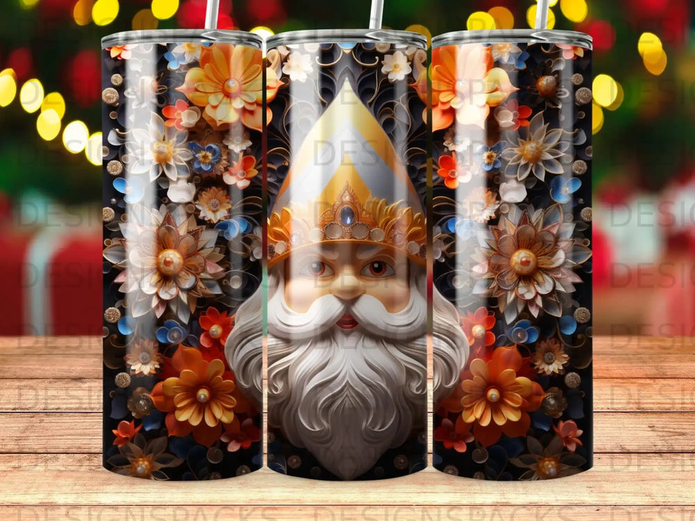Santa Claus with ornate crown and floral accents on a black background.