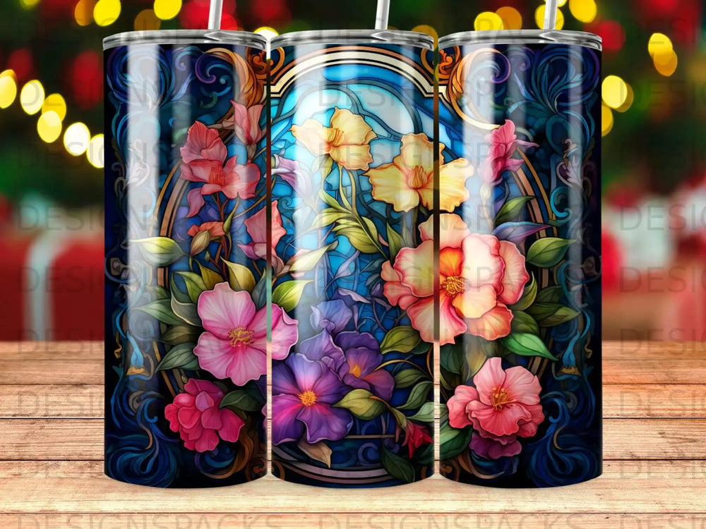 Floral stained glass pattern on a cylindrical tumbler with decorative borders.