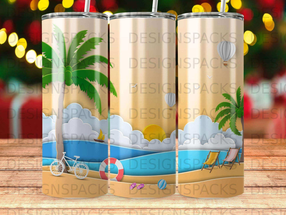 Beach scene tumbler design with palm trees, beach chairs, and a life preserver.