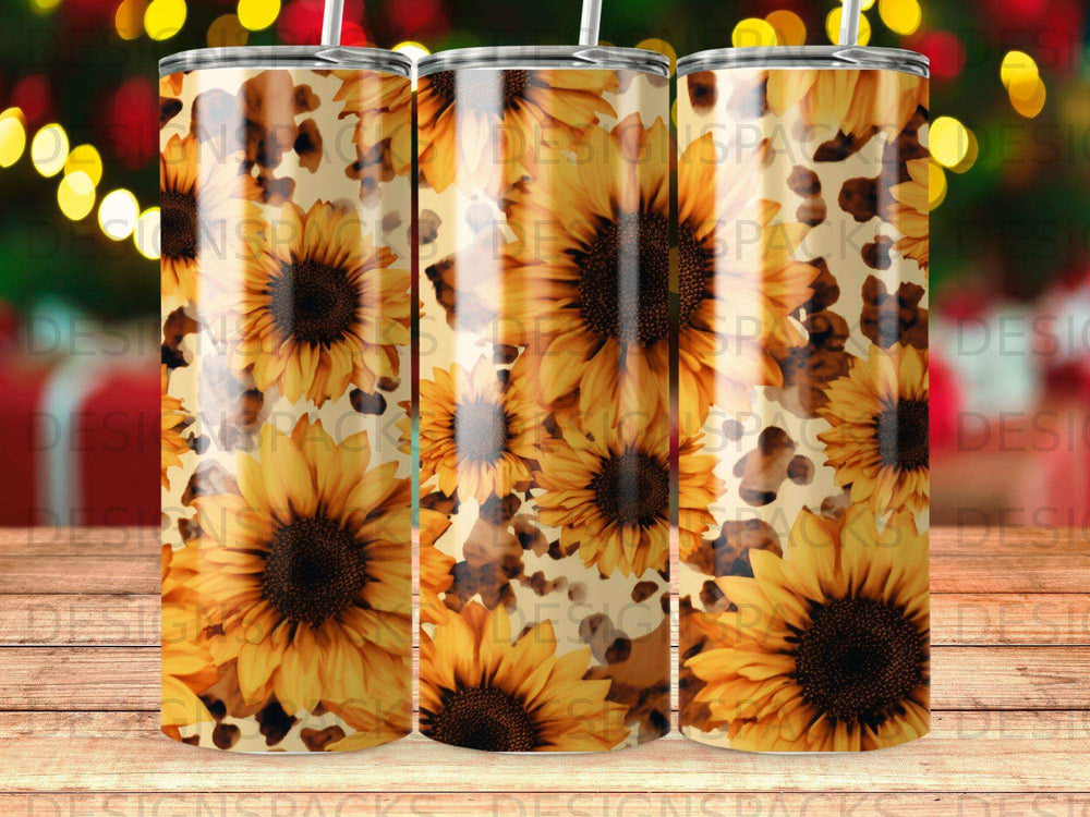 Sunflower and leopard print tumbler with bokeh background.
