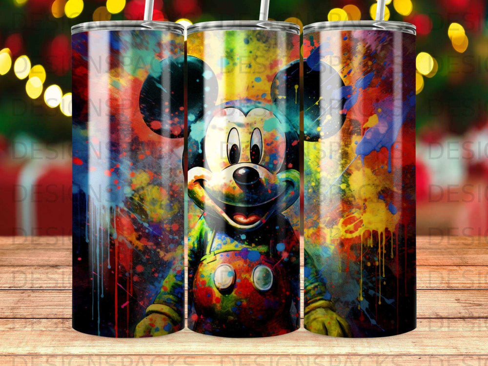 Mickey Mouse character with colorful watercolor splatters on a tumbler.