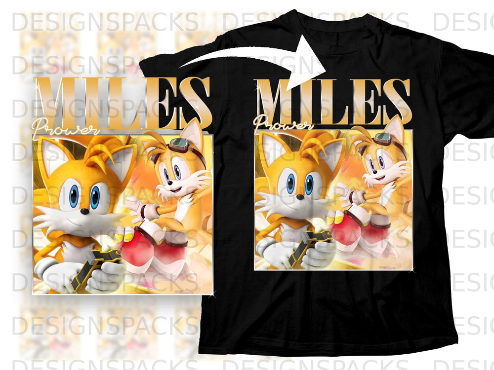 Miles Prower graphic on a black t-shirt with character art.