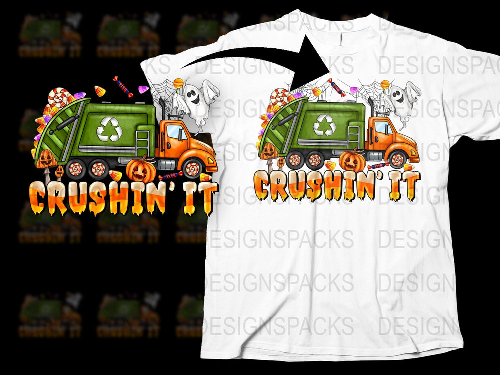 Halloween Truck T-Shirt, Cute Dog and Pumpkin Graphic Tee, Autumn Orange Crushin' It Shirt for Kids and Adults