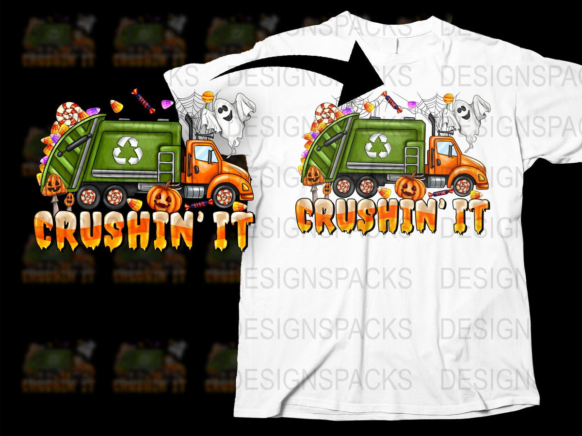 Halloween Truck T-Shirt, Cute Dog and Pumpkin Graphic Tee, Autumn Orange Crushin' It Shirt for Kids and Adults