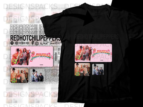 Red Hot Chili Peppers World Tour 2023 design with band members and tour dates.