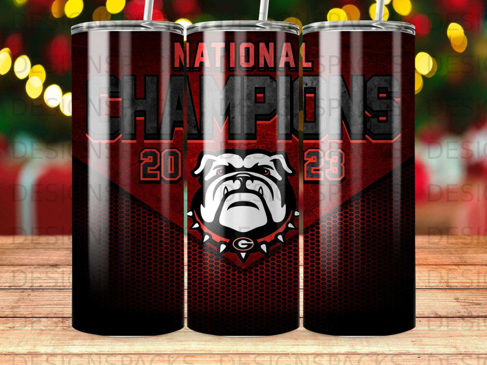 Bulldog mascot and "National Champions 2023" text on a red honeycomb pattern tumbler.