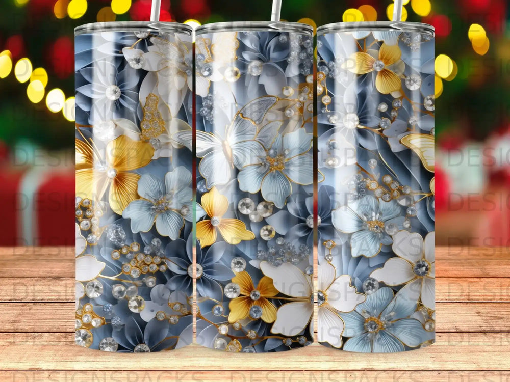 Floral and butterfly pattern with diamonds on a tumbler.