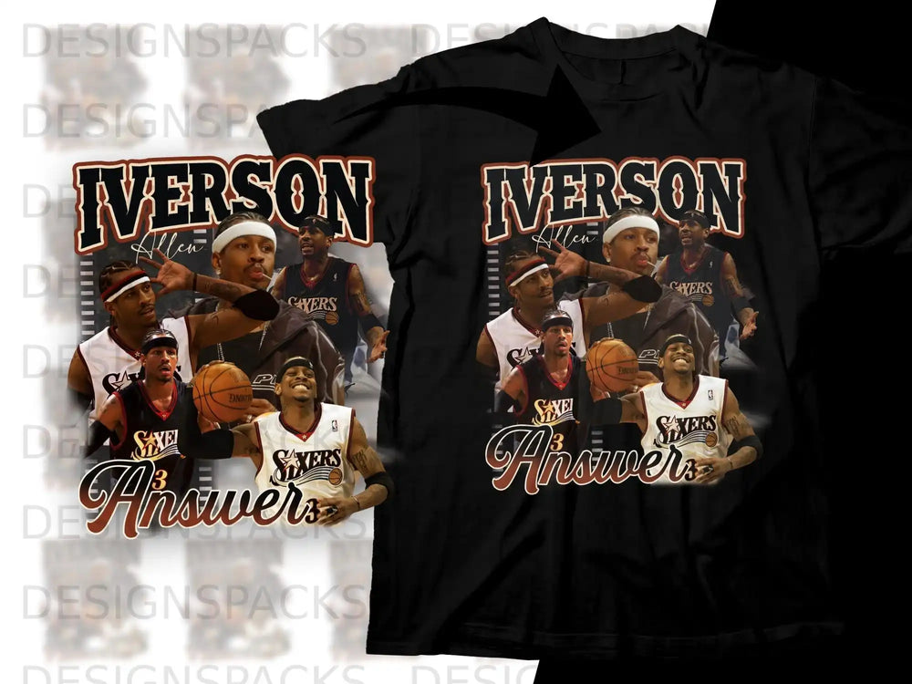Allen Iverson collage shirt with "Answers" graphic.