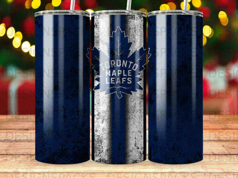 Toronto Maple Leafs logo on a distressed blue and white striped tumbler.