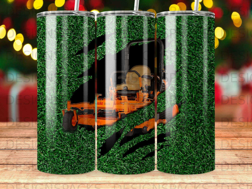 Orange riding lawn mower on a grassy background with claw marks.