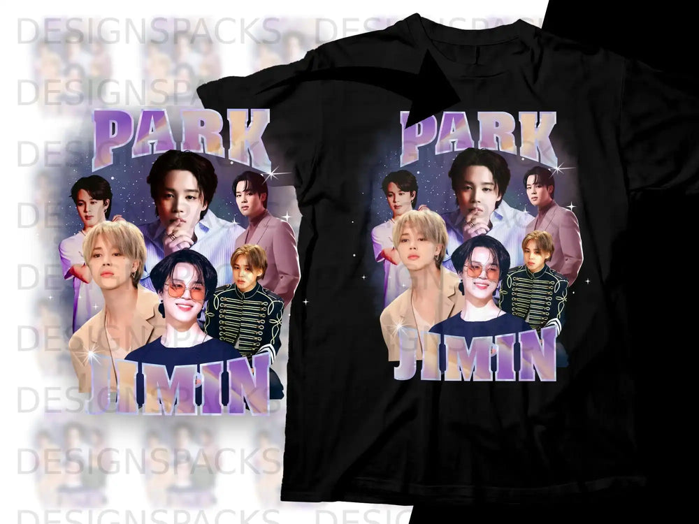Black t-shirt with collage of K-pop idol Jimin, text "PARK JIMIN".