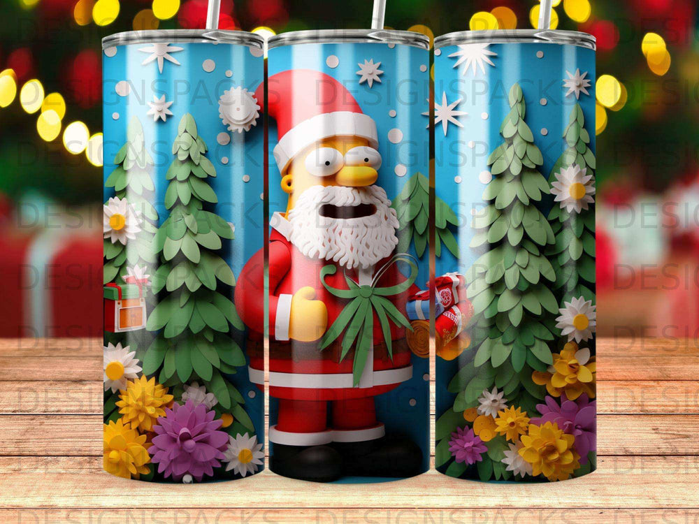 Homer Simpson as Santa Claus with Christmas presents and pine trees.
