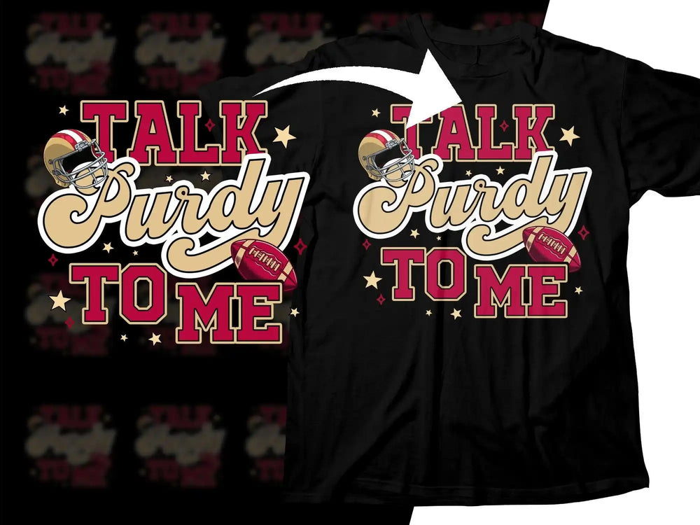 Talk Purdy to Me football design on black t-shirt with helmet and ball graphic
