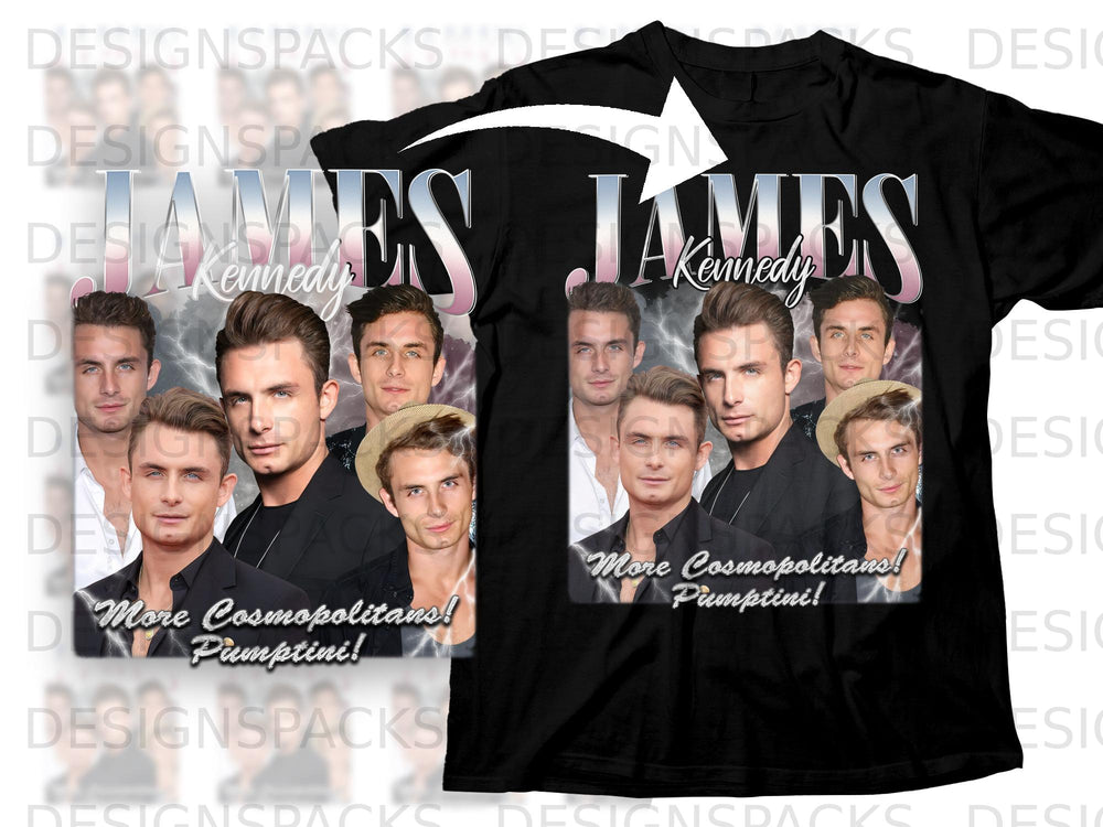 T-shirt with "JAMES Kennedy" text and collage of men's portraits.