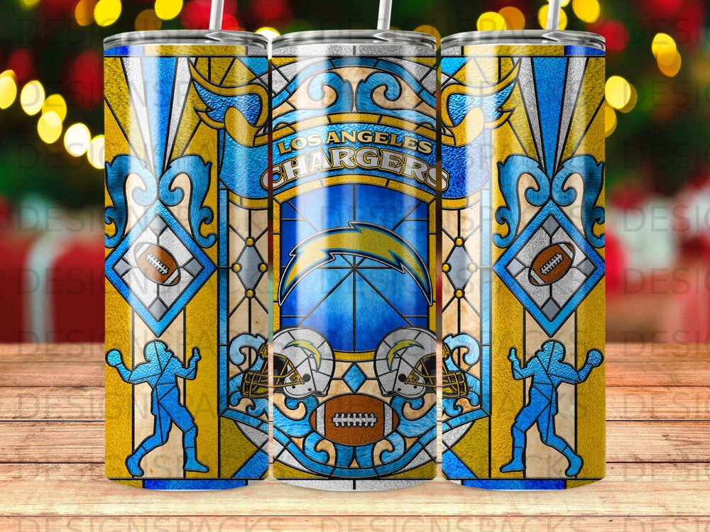 Los Angeles Chargers stained glass tumbler with football imagery.