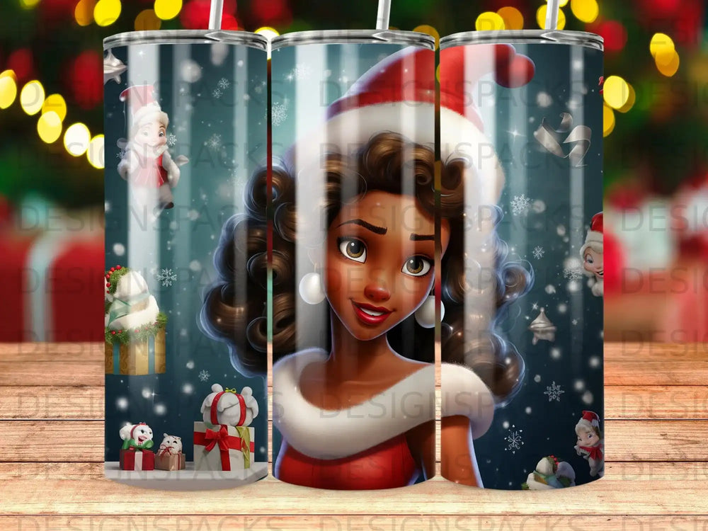 Woman with curly hair in festive Christmas attire, surrounded by snowflakes.