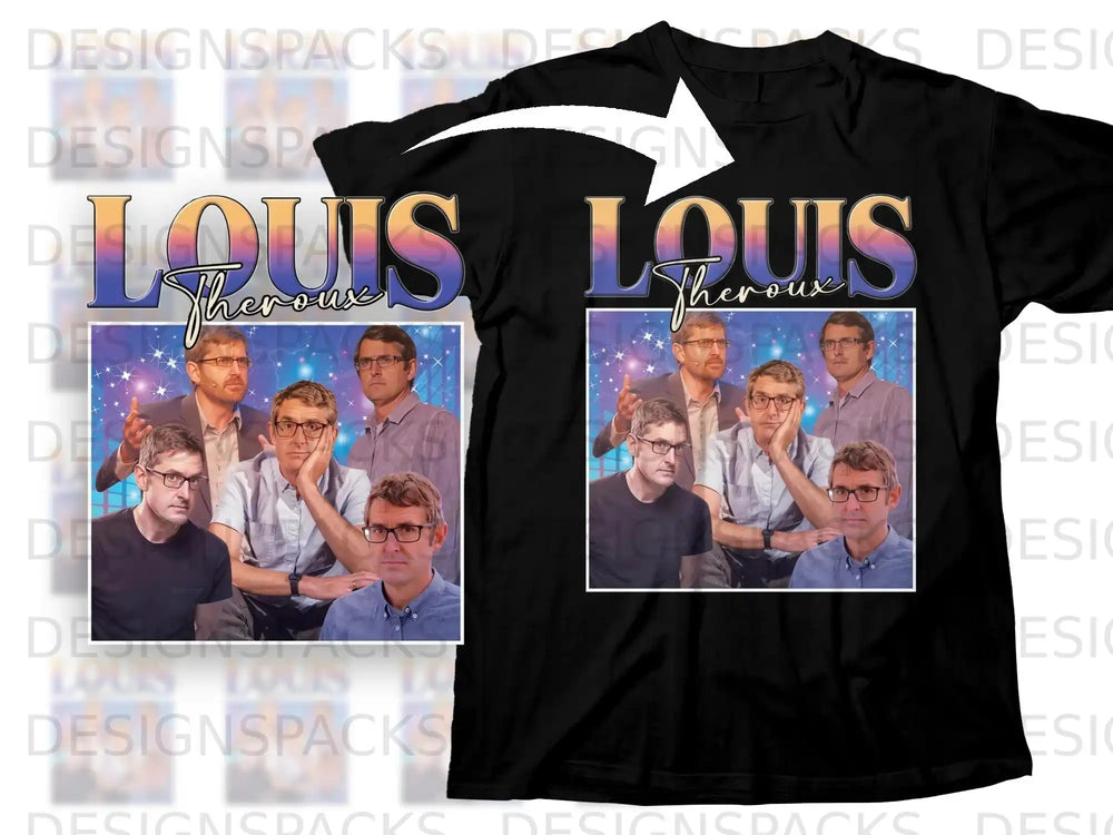 Black t-shirt with "Louis Theroux" text and a collage of his photos.