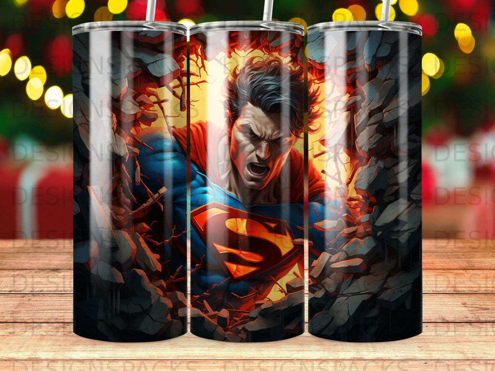 Superman breaking through a rocky wall, chest emblem visible.
