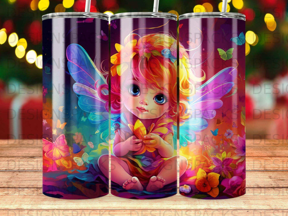 Fairy girl holding butterfly with colorful floral background and whimsical butterflies.
