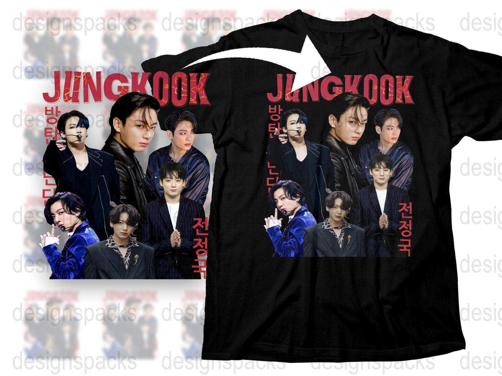 Jungkook Fan T-Shirt, K-Pop Idol Multiple Poses Design, Stylish Black Tee, Music Pop Culture Apparel