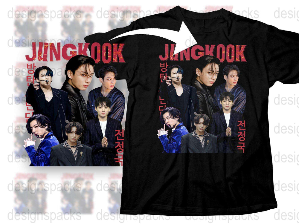 Jungkook Fan T-Shirt, K-Pop Idol Multiple Poses Design, Stylish Black Tee, Music Pop Culture Apparel