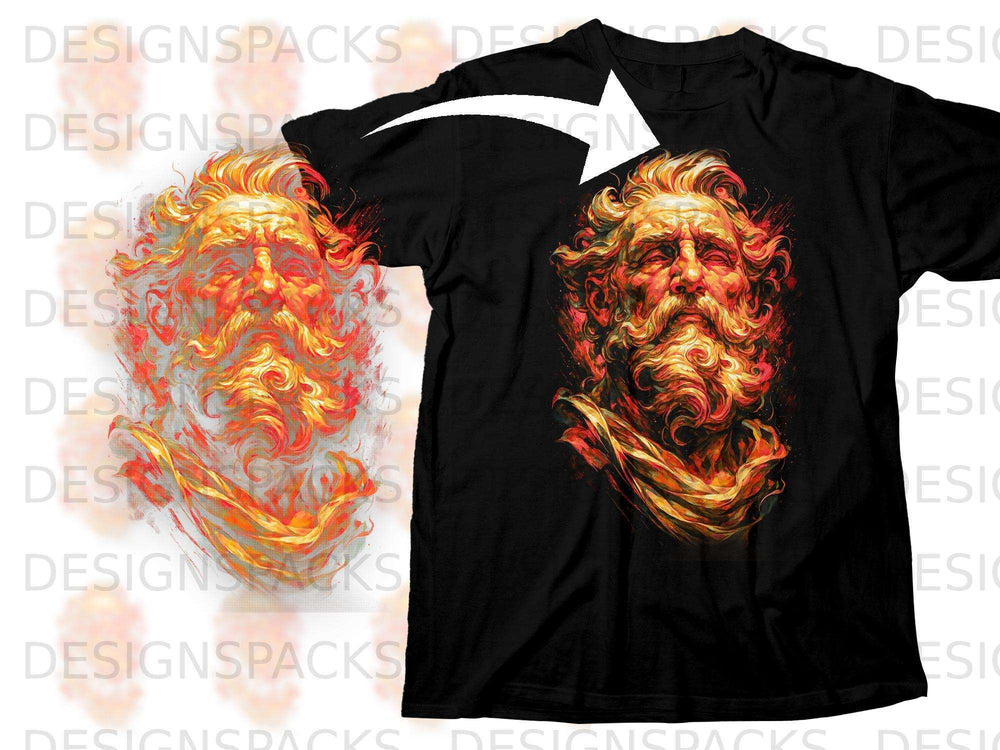 Black t-shirt with fiery, abstract depiction of a bearded man's head.