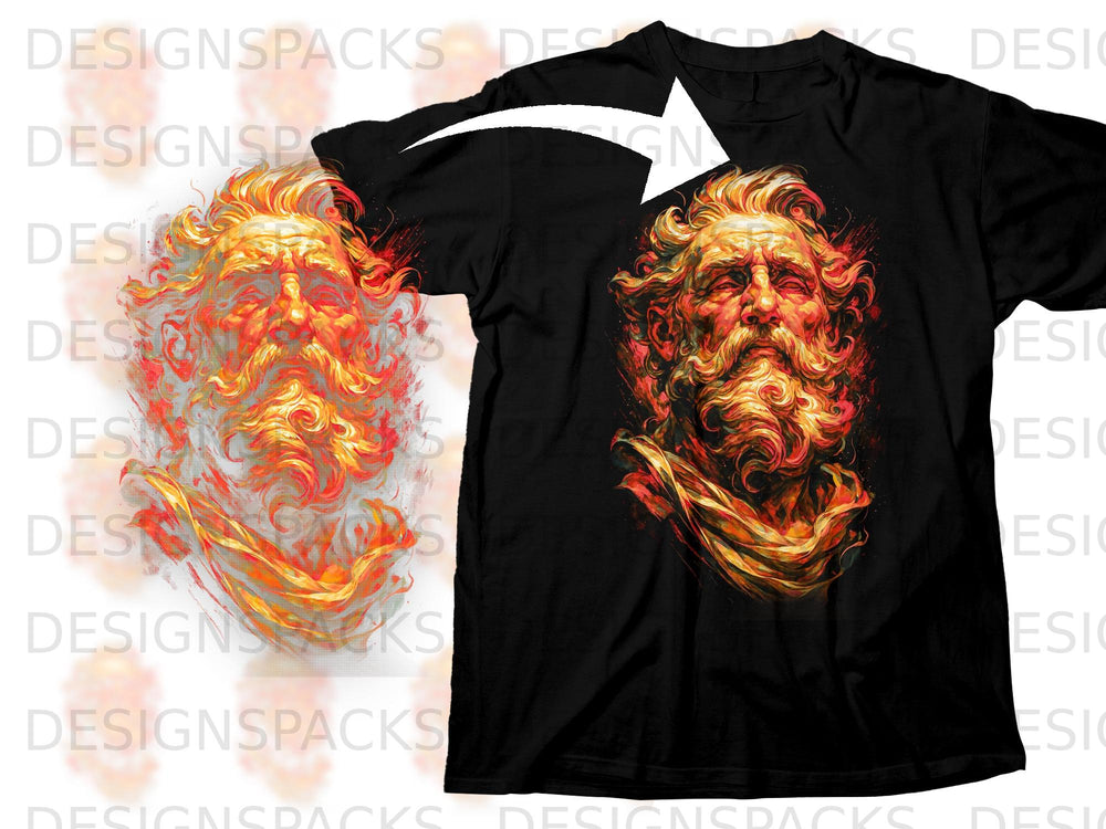 Black t-shirt with fiery, abstract depiction of a bearded man's head.