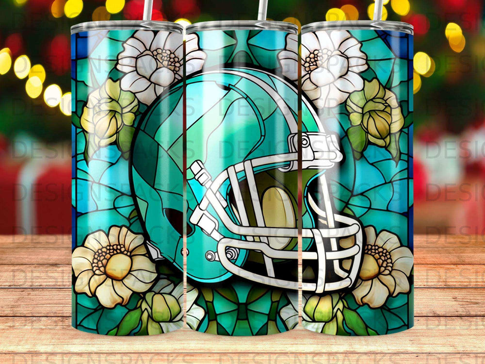 Turquoise football helmet with flowers against stained glass background.