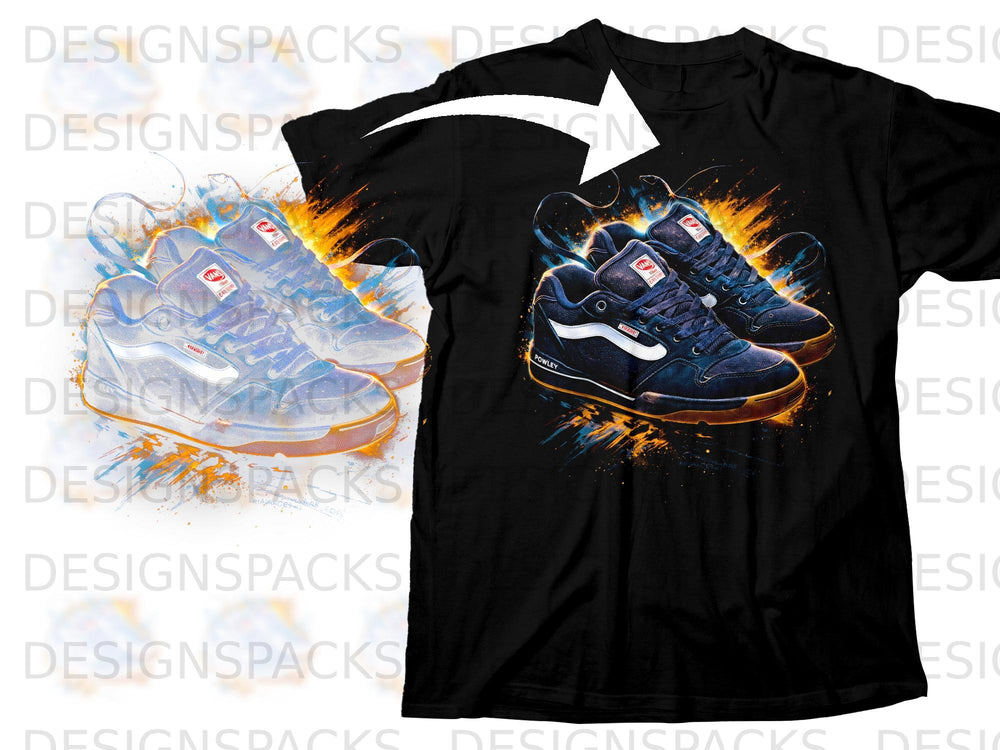 Black t-shirt with a graphic print of two Vans skate shoes with fiery orange and blue accents.