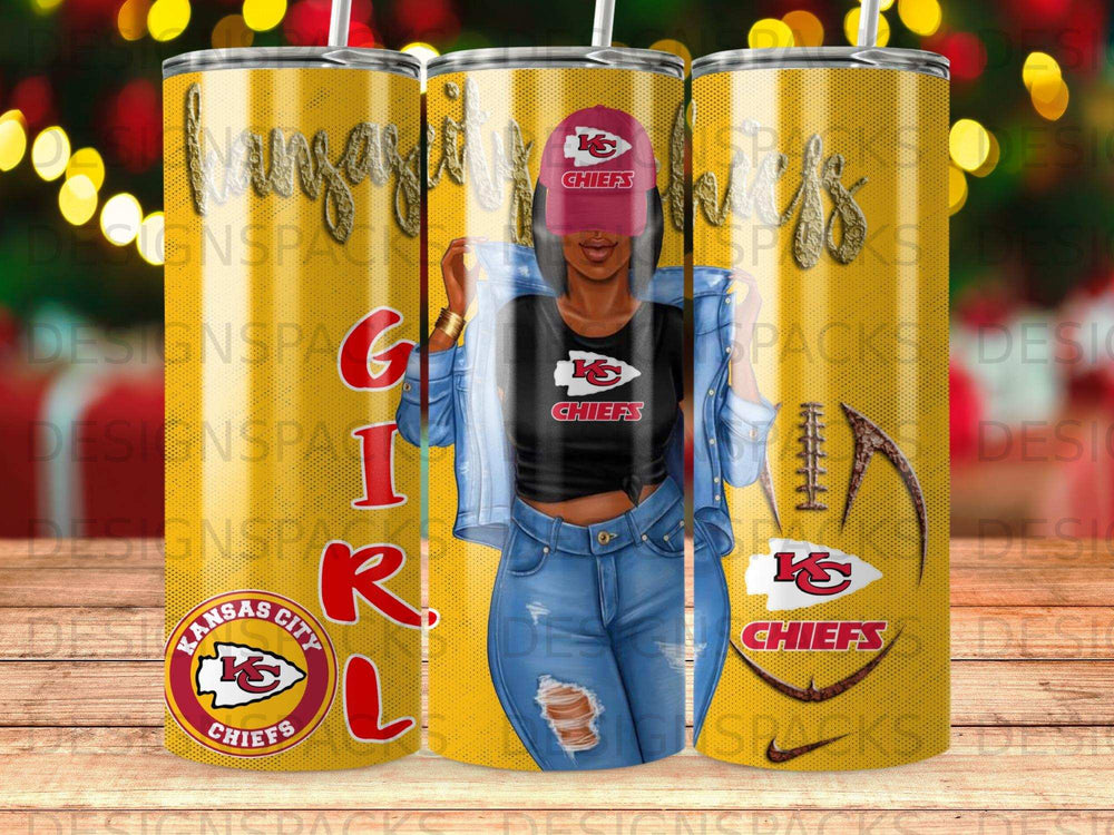 Kansas City Chiefs tumbler with woman in denim and red bandana.