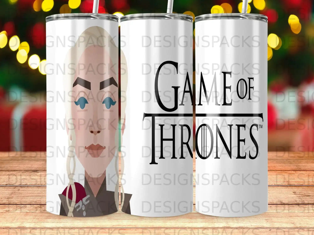Game of Thrones logo on a white tumbler with a subtle background pattern.