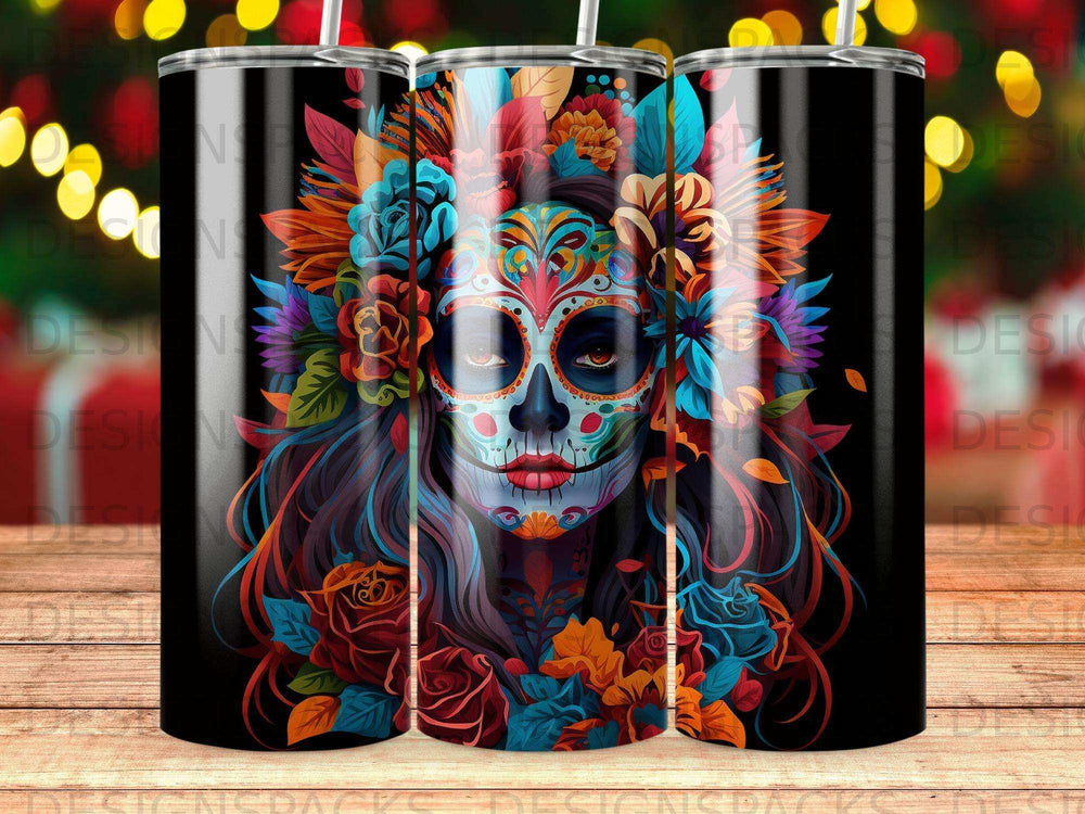 Sugar skull woman with floral headdress and colorful face paint.