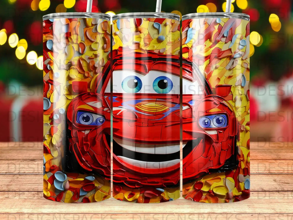 Lightning McQueen from Cars with colorful, bubbly background.