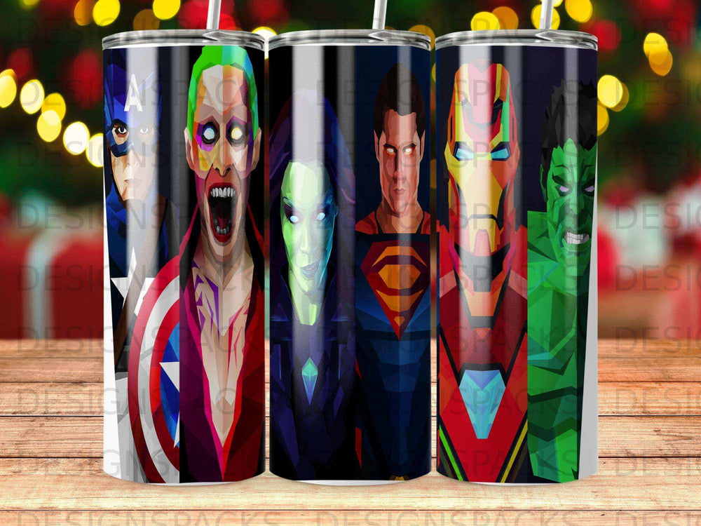 Superhero and villain characters depicted on three tumblers.