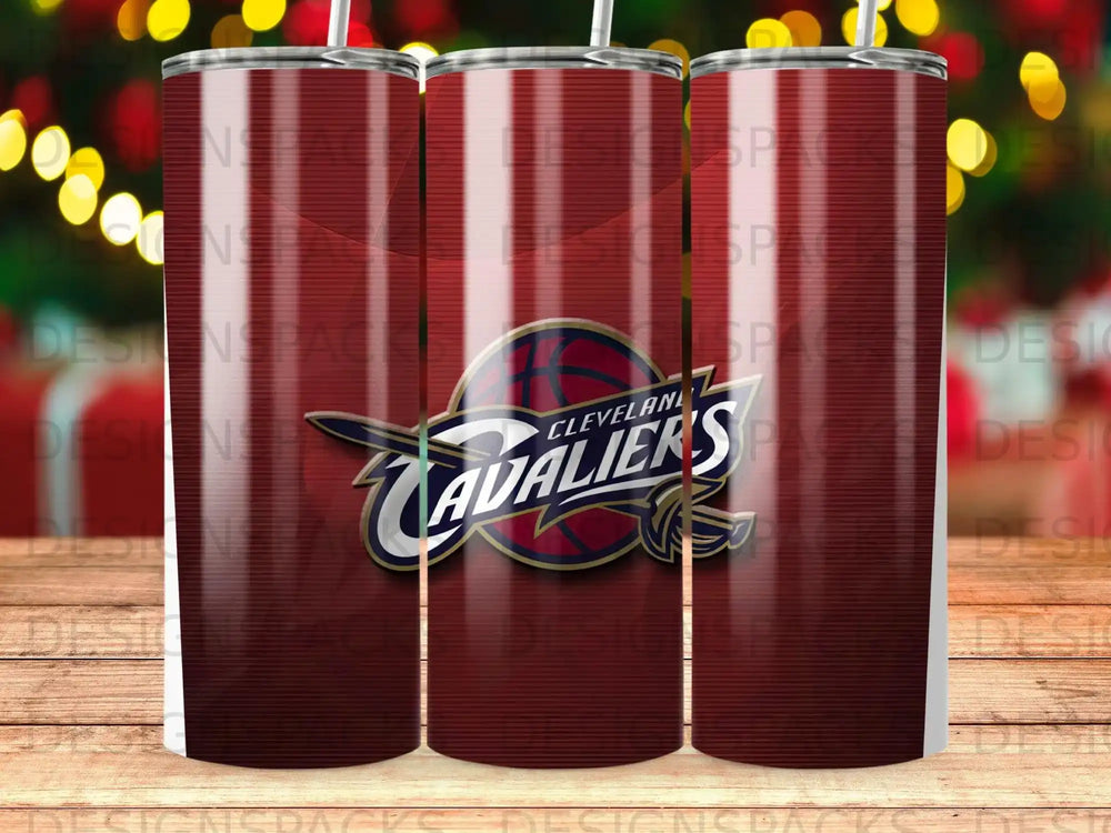 Cleveland Cavaliers team logo on a red and gold striped tumbler.
