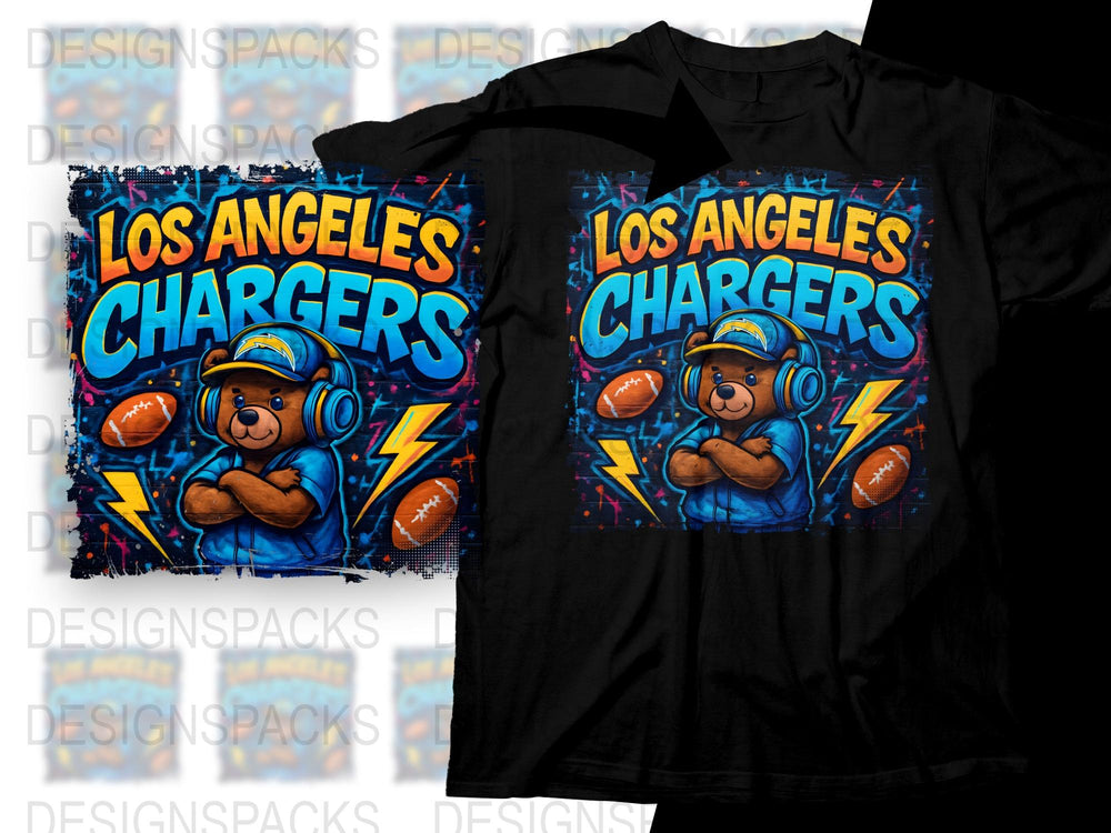 Los Angeles Chargers Themed T-Shirt, Cartoon Bear Graphic, Football Fan Apparel, Bold Colors, Sporty Casual Wear